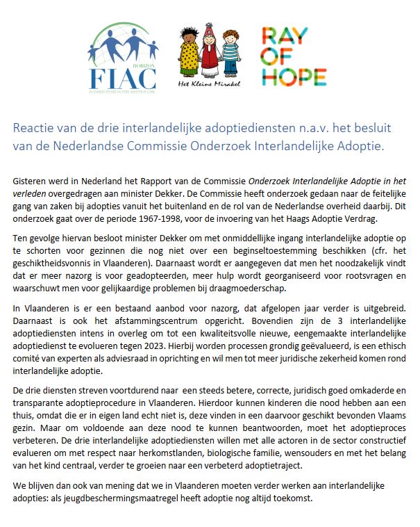 Reactie van de drie interlandelijke adoptiediensten n.a.v. het besluit van de Nederlandse Commissie Onderzoek Interlandelijke Adoptie